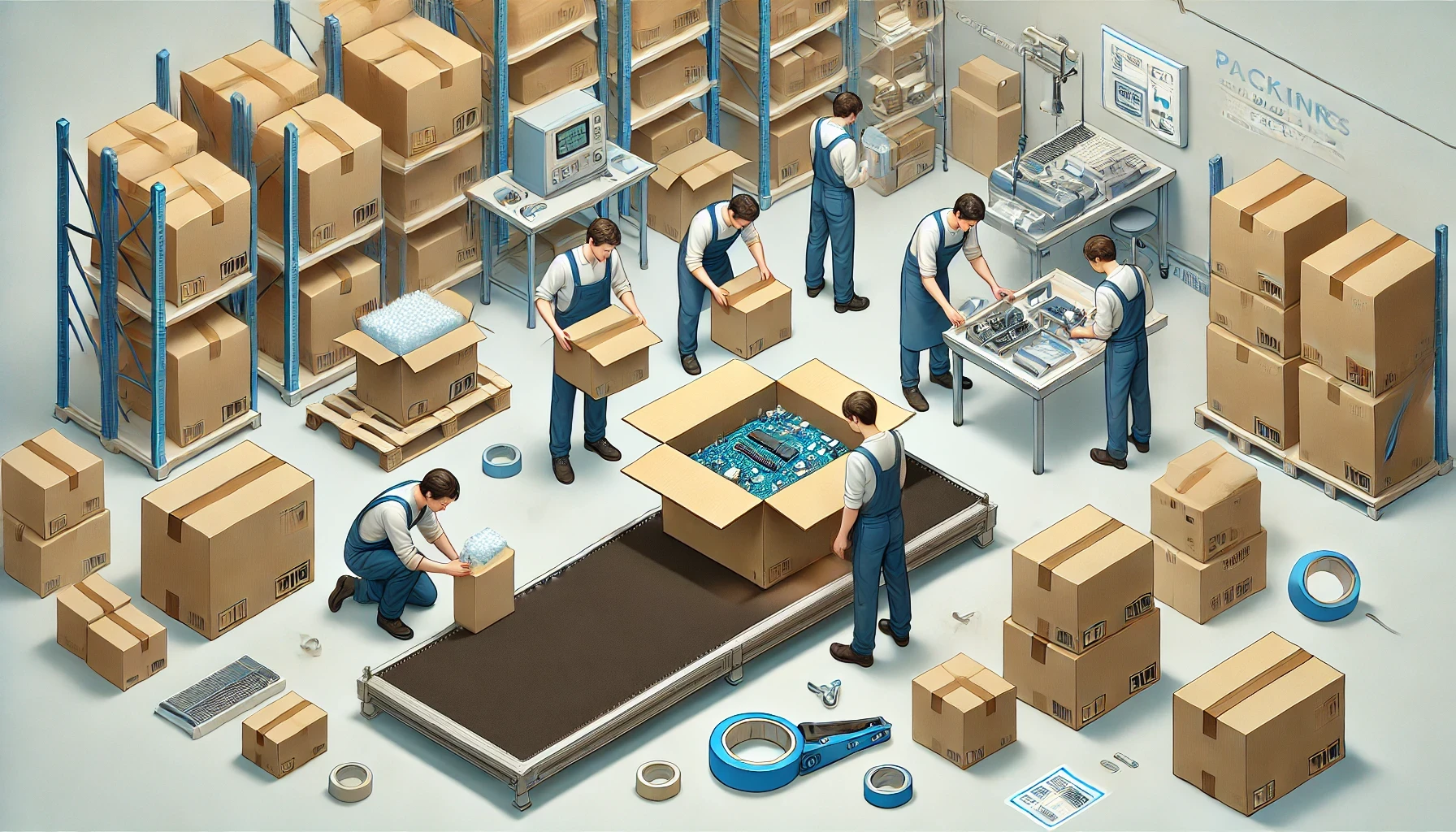 作業員が精密機器を緩衝材で梱包し、出荷準備を行う工場内の様子